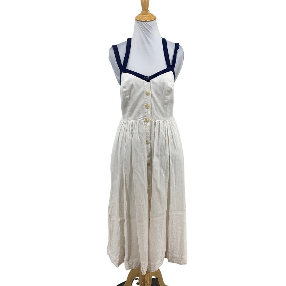 Maeve Dress Womens 2 White Navy Strappy Button Front Midi Linen Blend Lined